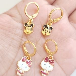 Mickey and Hello Kitty Kid's Hoops. 18K Gold Plated. New